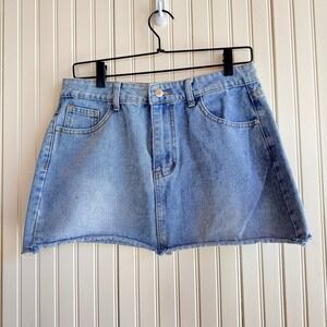 Womens Light Wash Denim Mini Skirt High Waisted Raw Hem Casual Blue Size L